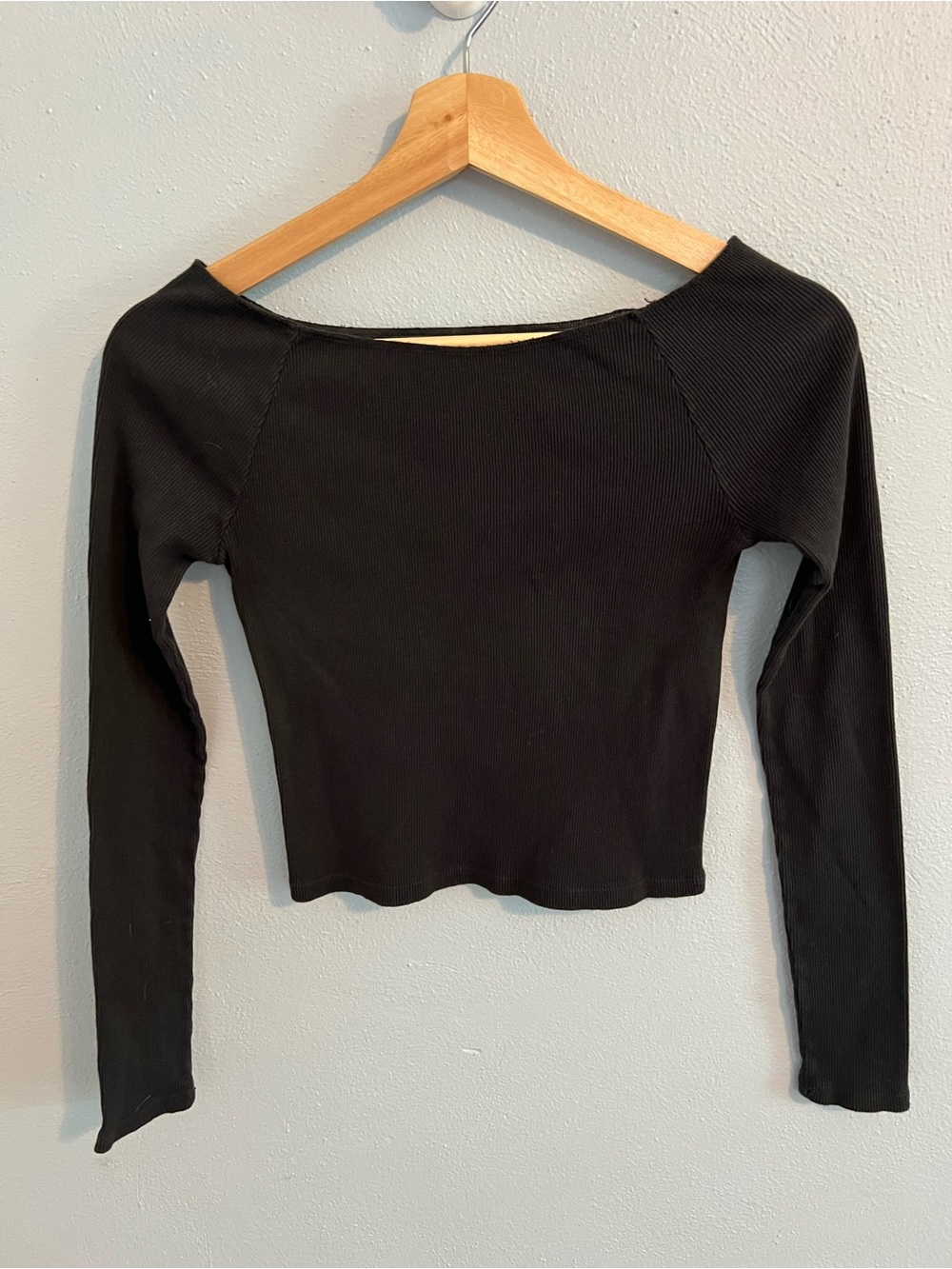 Brandy Melville John Galt Black Ribbed Boatneck Long Sleeve Crop Top